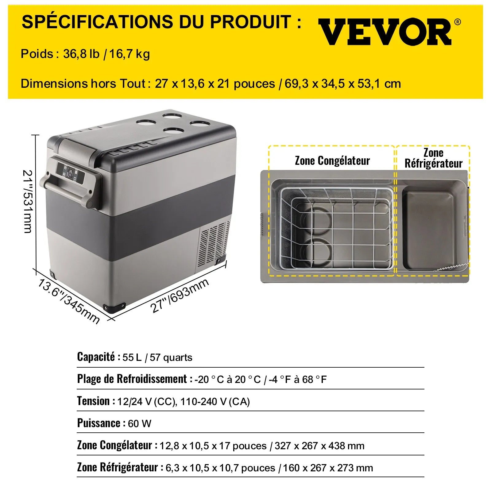 Mini Réfrigérateur Frigo Portable pour Voiture 55L